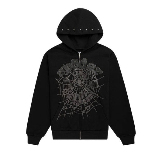 Sp5der OG Web Studded Zip Hoodie Black